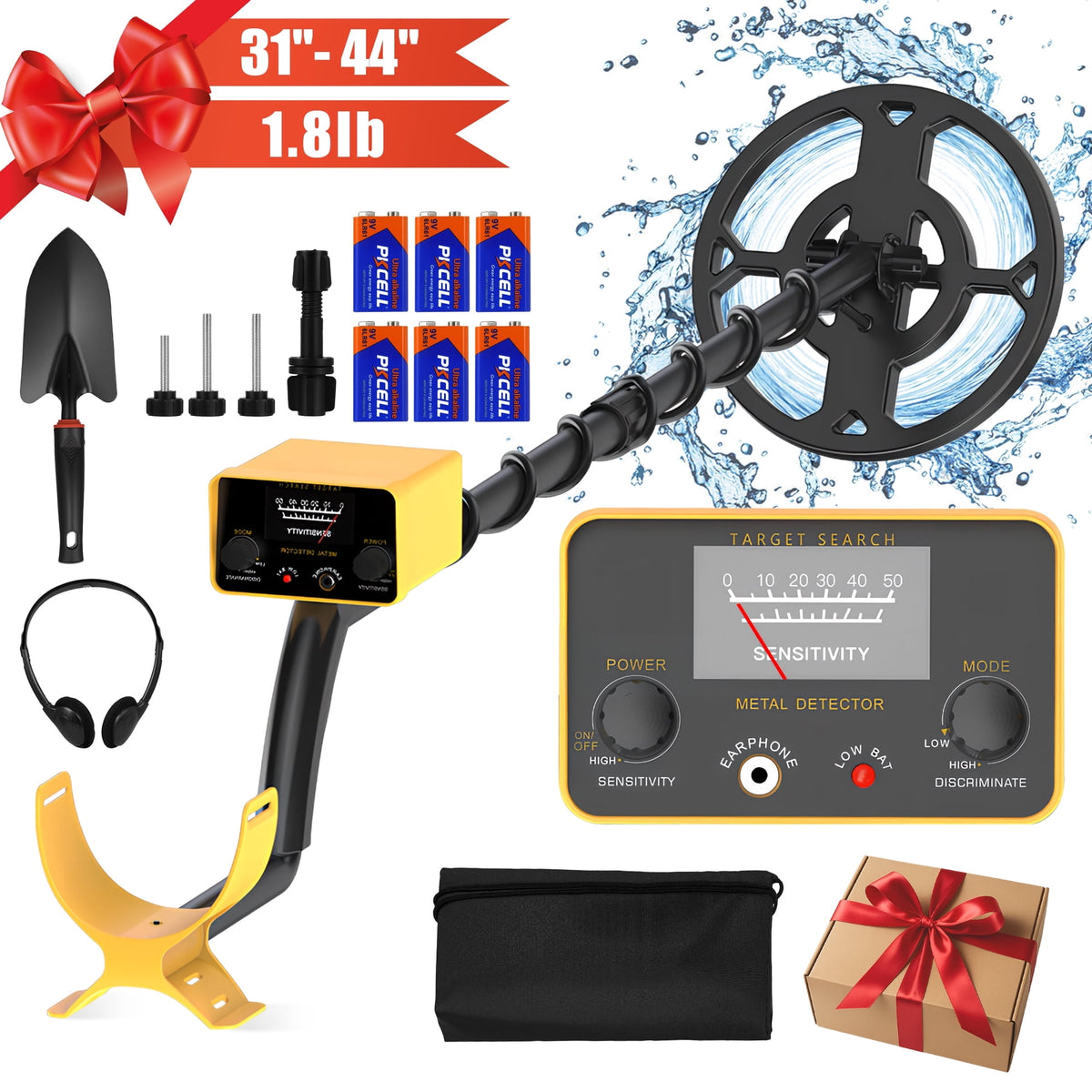 EZBY Metal Detector for Adults & Kids,High Precision Gold Digger with 2 Modes,6 Batteries, Adjustable 31"-44" Rod, Waterproof Search Coil & Rod to Hunt Treasure in Beach Backyard